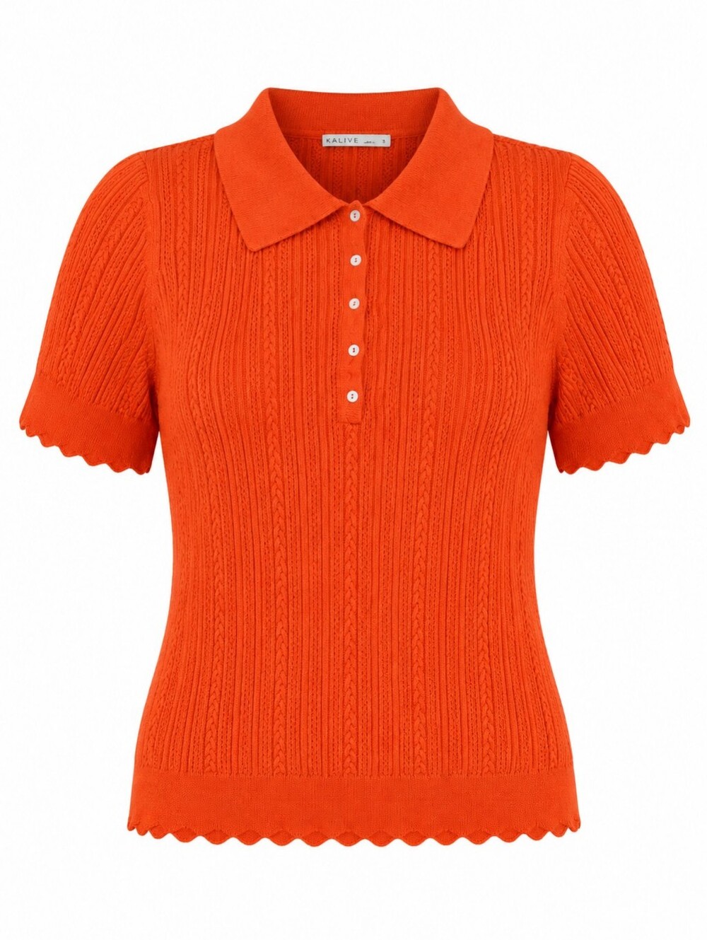Kaily K Orange Short Sleeve Polo Knit Scalloped Edge Retro Golf Luxury Top L
